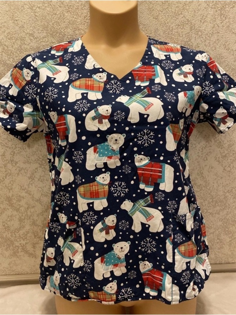 Women’s Navy Polar Bear Winter Print V-Neck Scrub Top